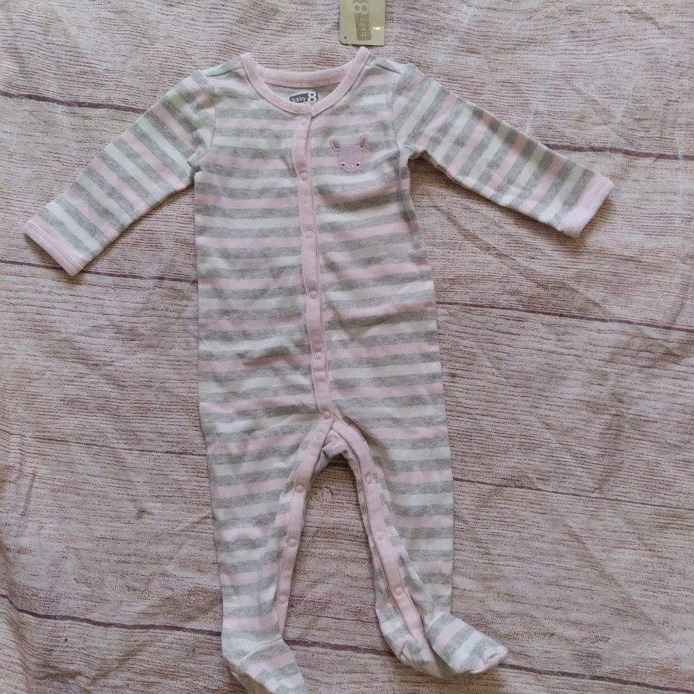 Baby 8 pink & gray striped footie NWT sz 3-6m or 6-12m baby fawn